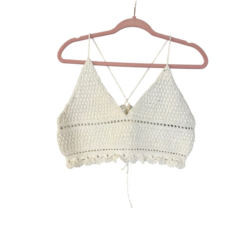 Handmade Crochet Iridescent White Crop Triangle Top L Festival Cottage Boho Knit - Picture 2 of 9